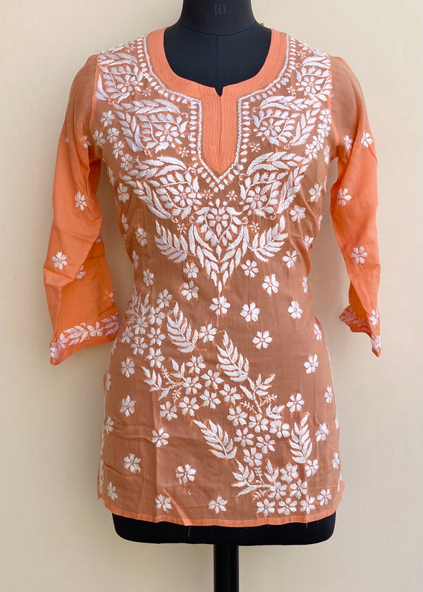 Lucknowi Chikankari Short Kurti Peach Modal Cotton
