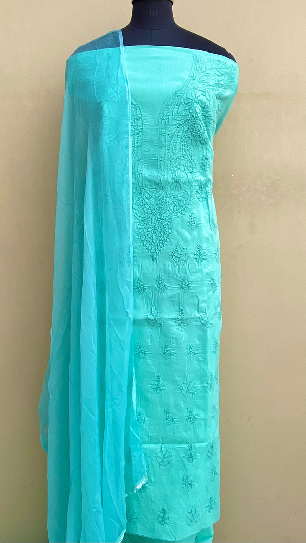 Lucknowi Chikankari Suit Length 3 Piece Sea Green Cotton