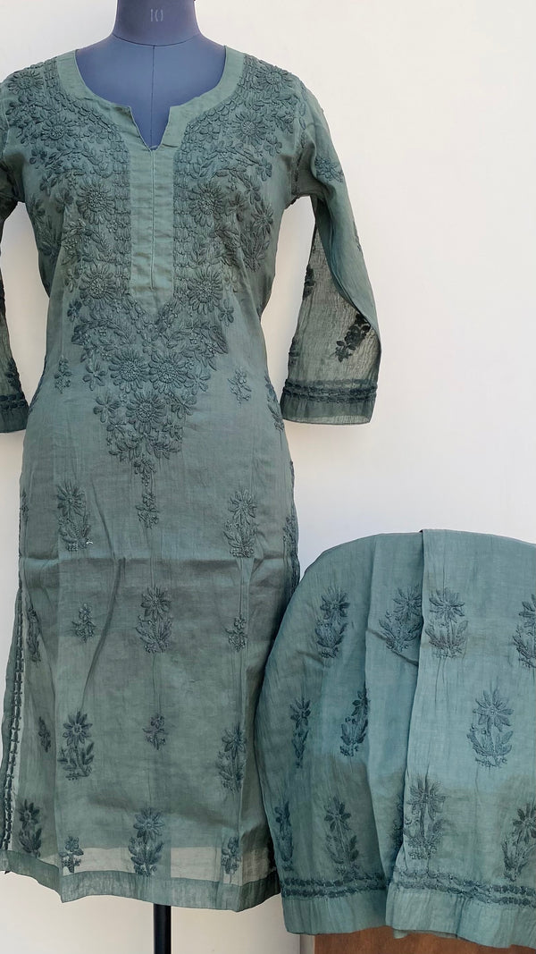Lucknowi Chikankari Co-ord Set Bottle Green Mal Chanderi With Self Work
