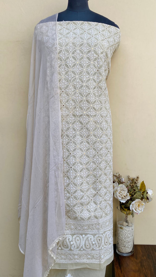 Lucknowi Chikankari Suit Length 3 Piece Beige Cotton With Mukaish Work