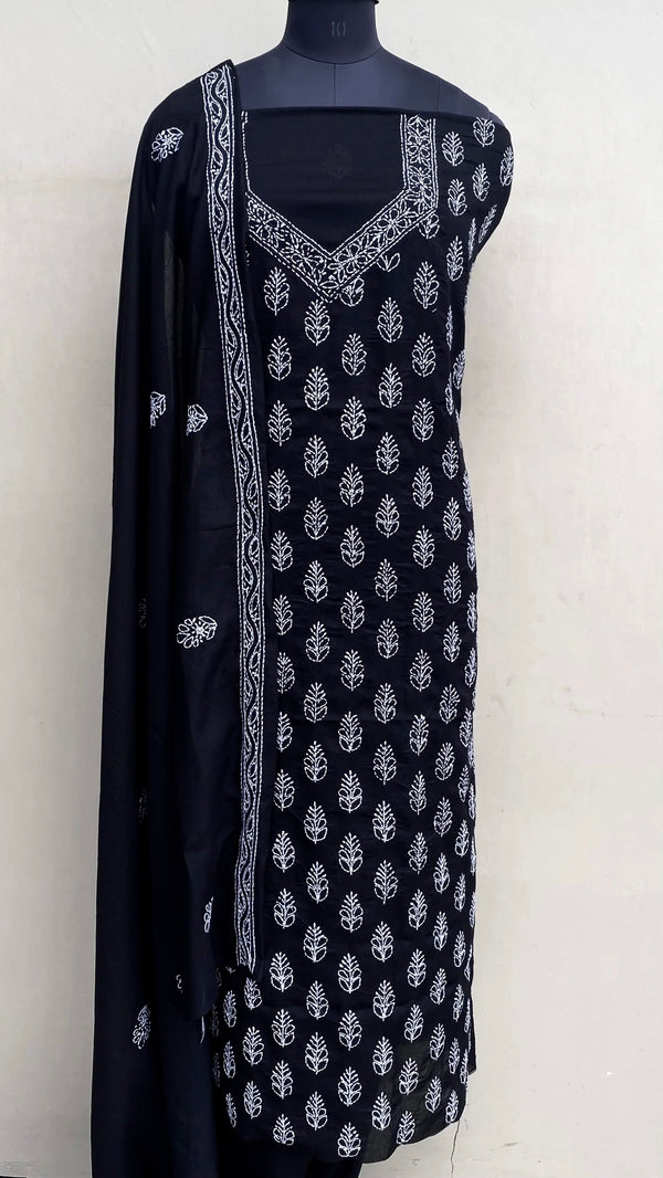 Lucknowi ChikanKari Suit Length 3 Piece Black Cotton With Embroidered Cotton Dupatta