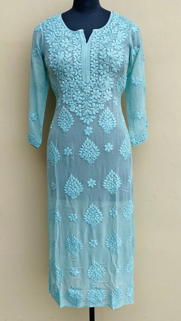 Lucknowi Chikankari Kurti Teal Green Pure Georgette With Mukaish & Self 3D Work