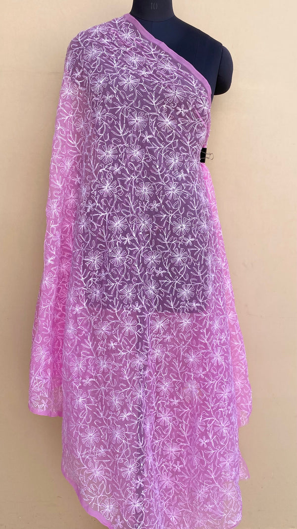 Lucknowi Chikankari Dupatta Pink Georgette With Tepchi Work