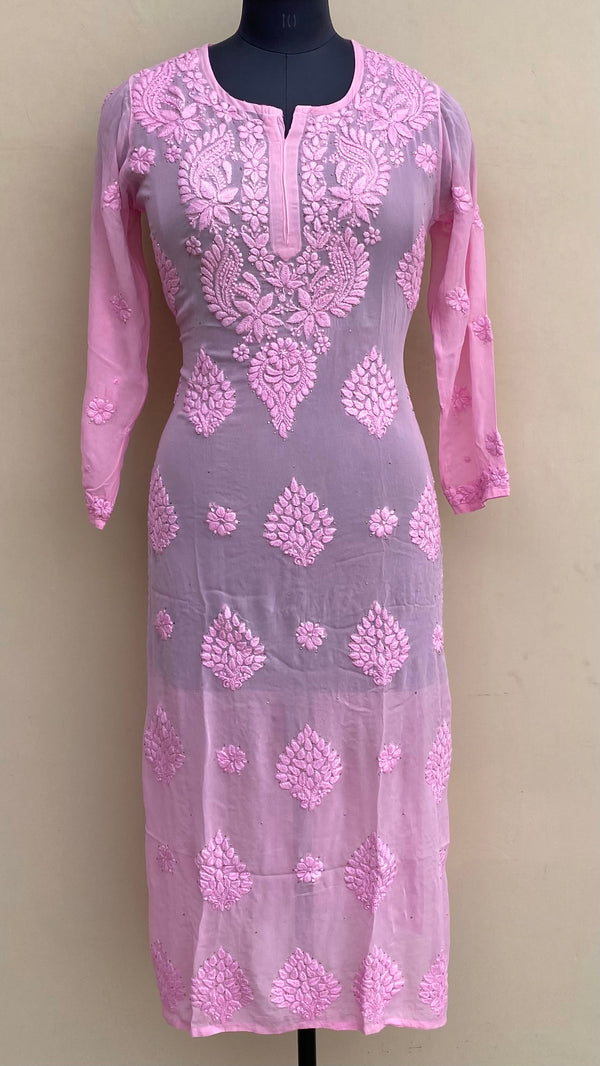 Lucknowi Chikankari Kurti Pink Pure Georgette With Mukaish & Self 3D Work