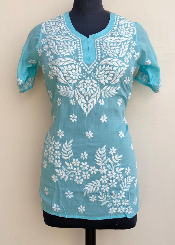 Lucknowi Chikankari Short Kurti Blue Modal Cotton