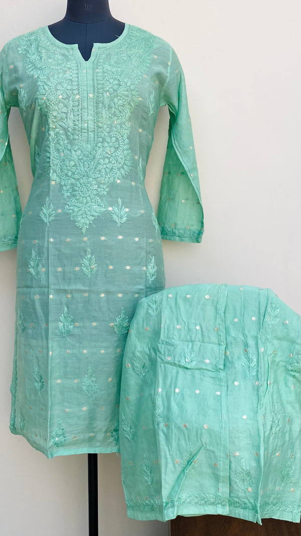 Lucknowi Chikankari Co-ord Set Green Mal Chanderi With Self Work