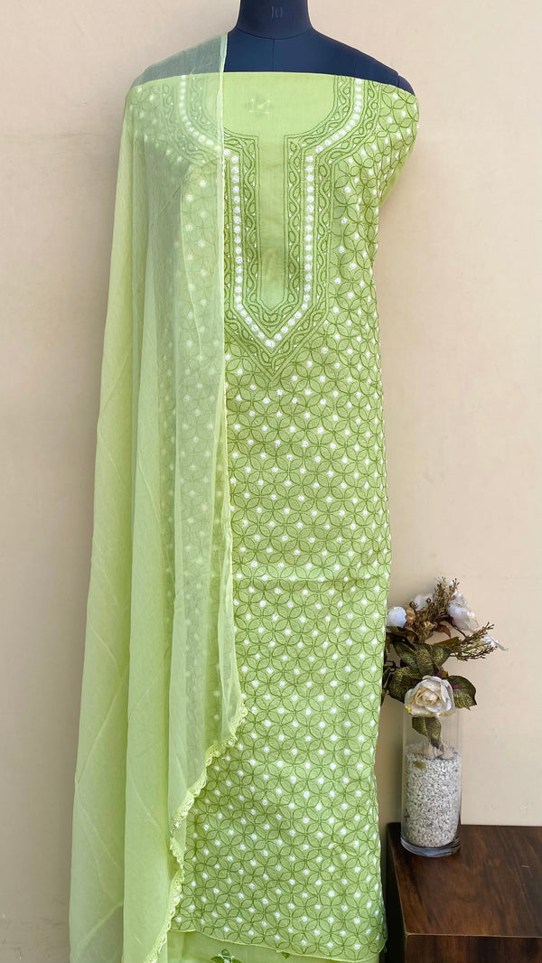 Lucknowi Chikankari Suit Length 3 Piece Parrot Green Cotton