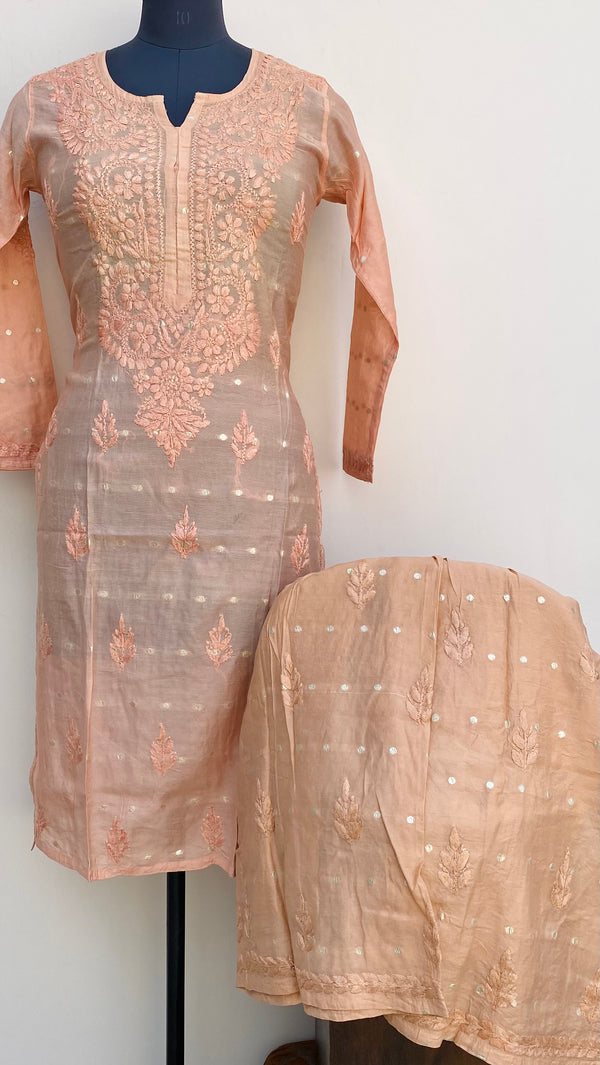 Lucknowi Chikankari Co-ord Set Peach Mal Chanderi With Self Work