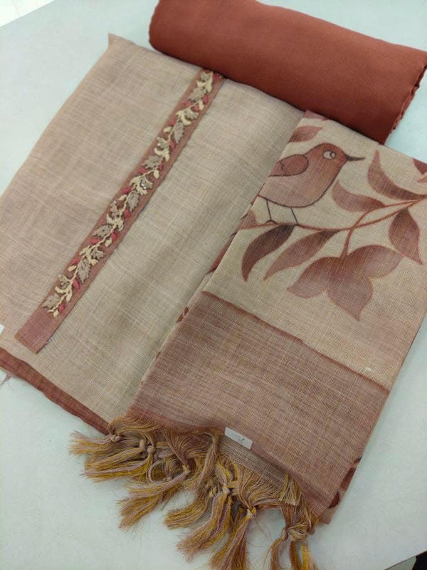 Designer Embroidered Suit Length 3 Piece Beige Linen Cotton Exclusive Kantha Work