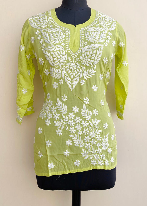 Lucknowi Chikankari Short Kurti Lemon Yellow Modal Cotton