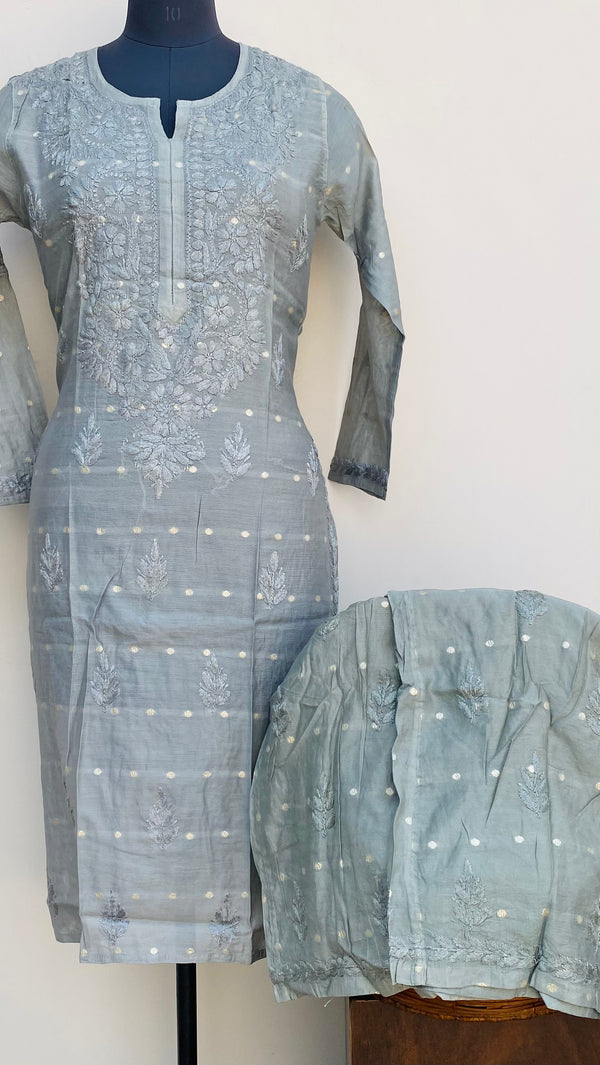Lucknowi Chikankari Co-ord Set Gray Mal Chanderi With Self Work