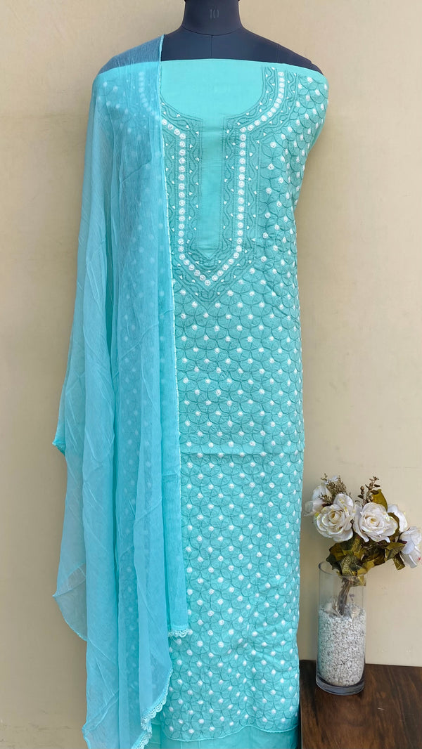 Lucknowi Chikankari Suit Length 3 Piece Sea Green Cotton