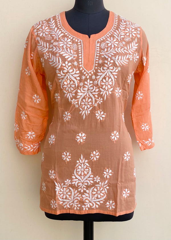 Lucknowi Chikankari Short Kurti Peach Modal Cotton