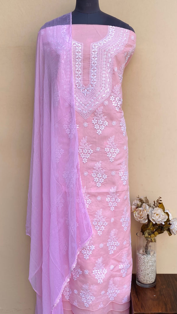 Lucknowi Chikankari Suit Length 3 Piece Pink Cotton