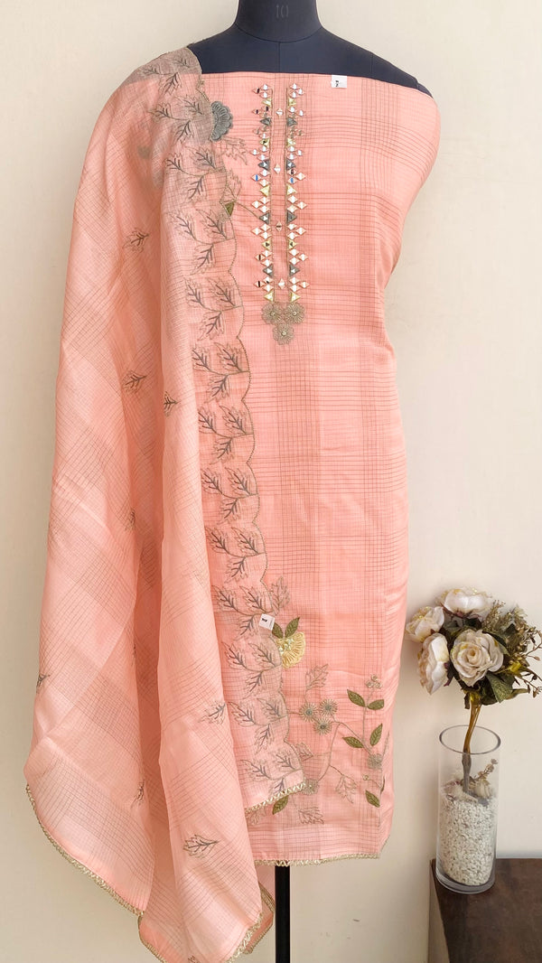 Designer Embroidered Suit Length 3 Piece Peach Kota With Mirror Work