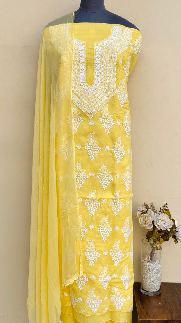 Lucknowi Chikankari Suit Length 3 Piece Yellow Cotton