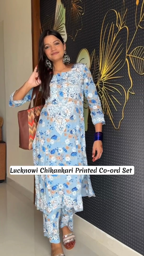 Lucknowi Chikankari Printed Co-ord Set Soft Mulmul