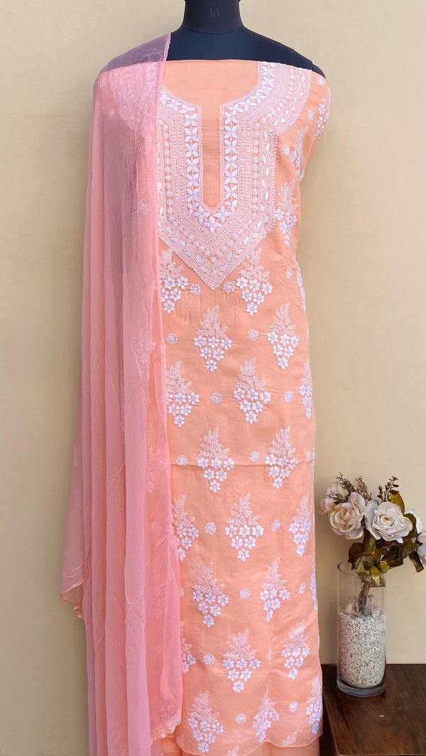 Lucknowi Chikankari Suit Length 3 Piece Peach Cotton