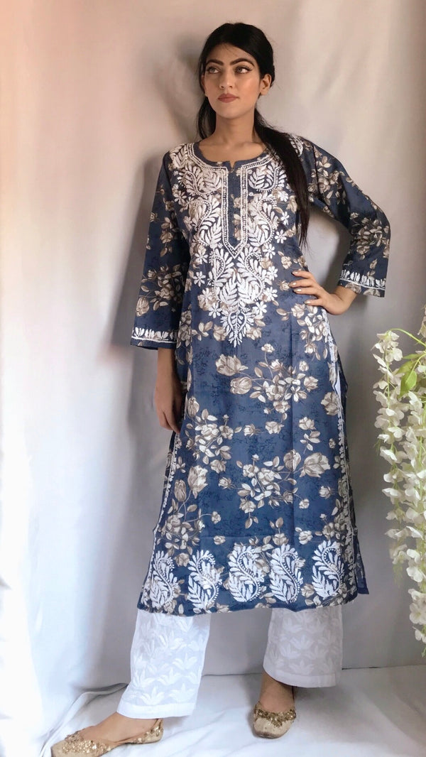 Lucknowi Chikankari Printed Kurti Mulmul Cotton