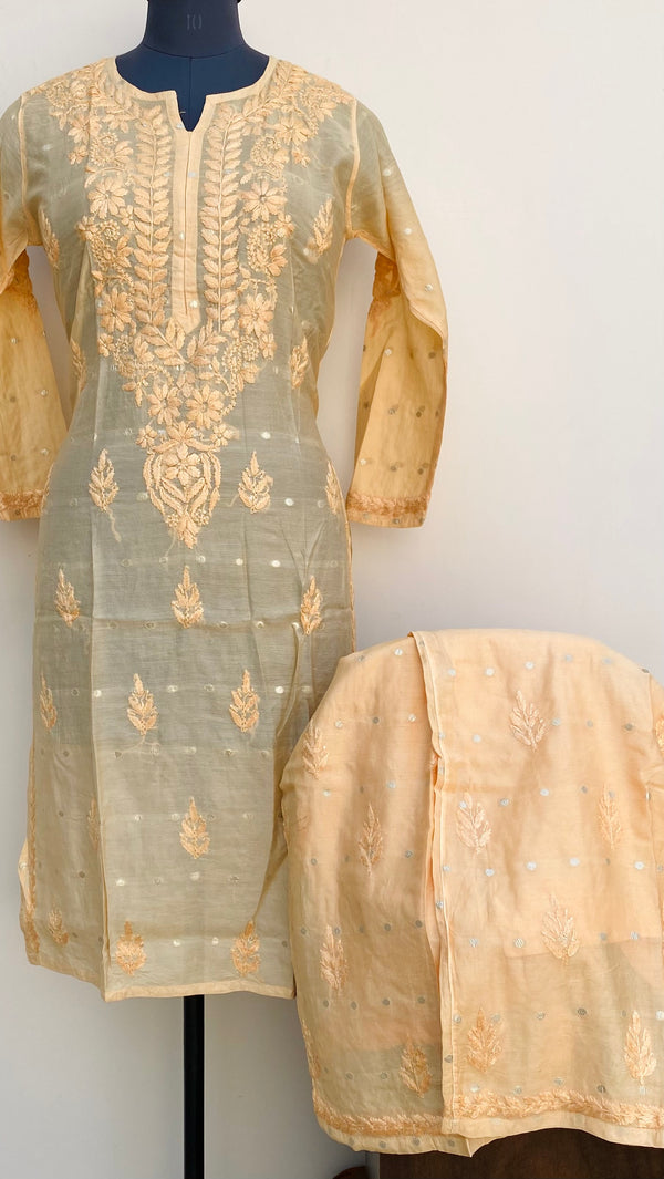 Lucknowi Chikankari Co-ord Set Peach Mal Chanderi With Self Work