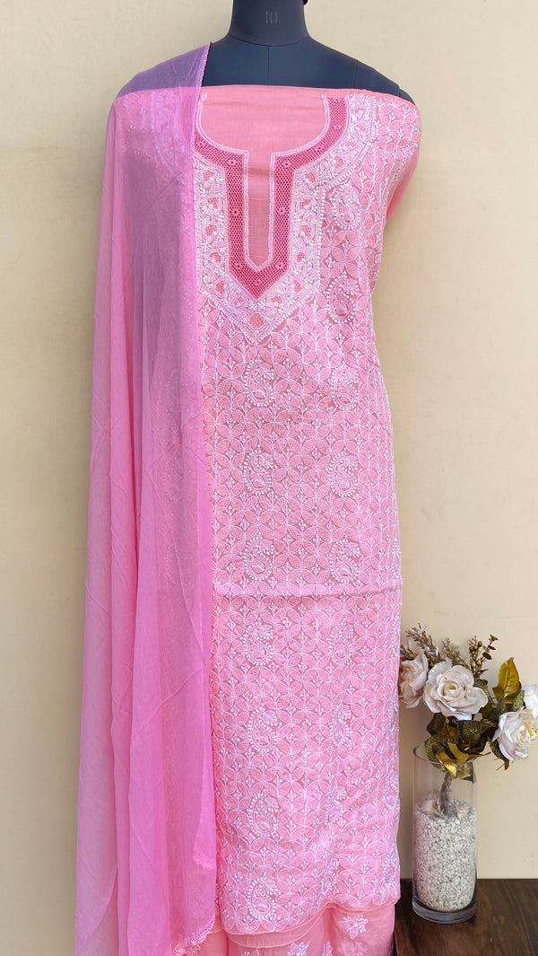 Lucknowi Chikankari Suit Length 3 Piece Pink Cotton With Jaali Work