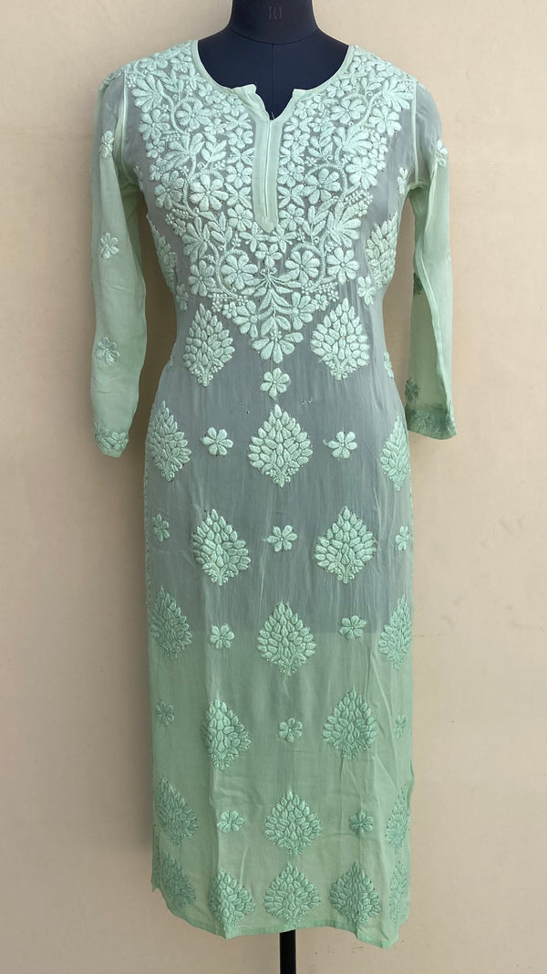 Lucknowi Chikankari Kurti Sea Green Pure Georgette With Mukaish & Self 3D Work