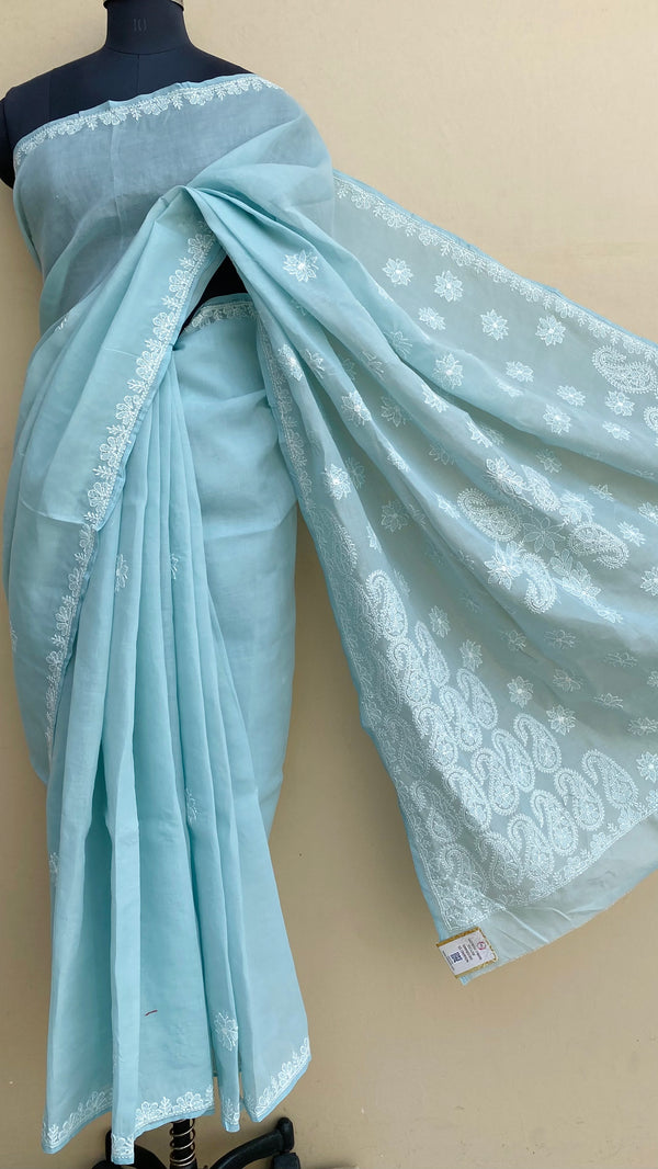 Lucknowi Chikankari Saree Powder Blue Cotton