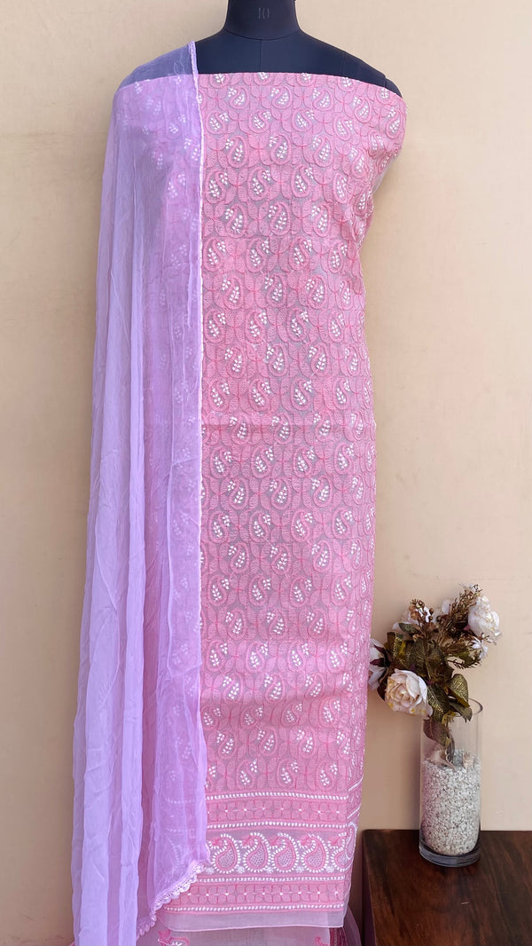 Lucknowi Chikankari Suit Length 3 Piece Pink Cotton With Jaali Work