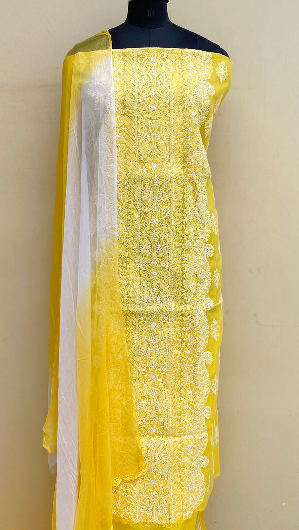 Lucknowi Chikankari Suit Length 3 Piece Yellow Cotton