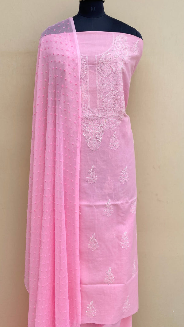 Lucknowi Chikankari Suit Length 3 Piece Pink Cotton