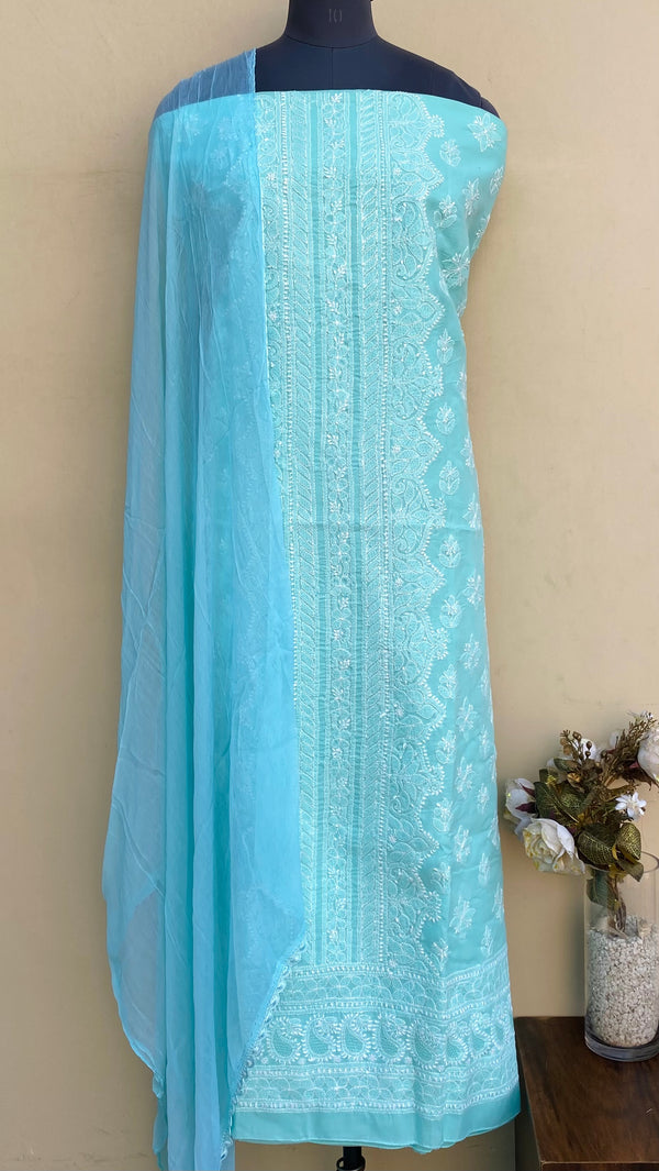 Lucknowi Chikankari Suit Length 3 Piece Sea Green Cotton With Jaali Work