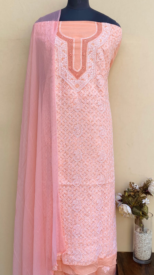 Lucknowi Chikankari Suit Length 3 Piece Peach Cotton With Jaali Work