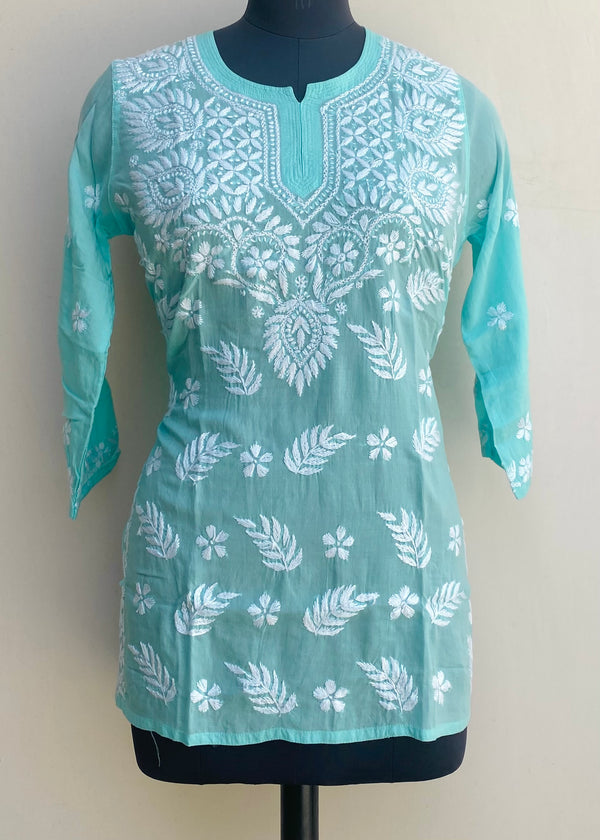 Lucknowi Chikankari Short Kurti Sea Green Modal Cotton