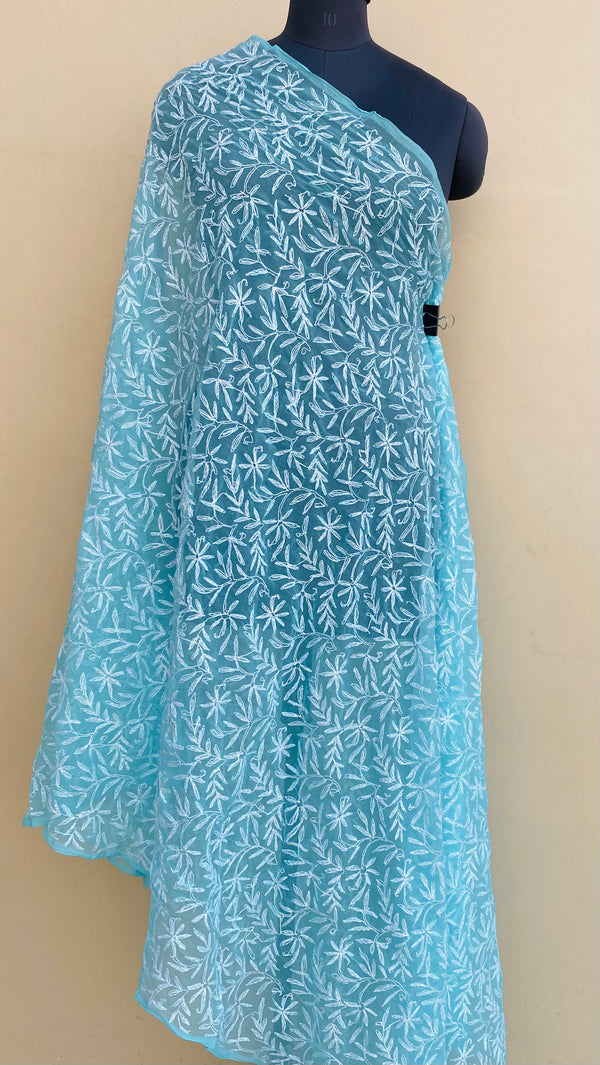 Lucknowi Chikankari Dupatta Blue Georgette With Tepchi Work