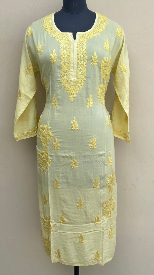 Lucknowi Chikankari Kurti Yellow Muslin Cotton With Resham & Self 3D Work