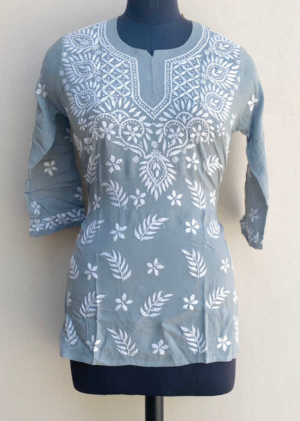 Lucknowi Chikankari Short Kurti Gray Modal Cotton