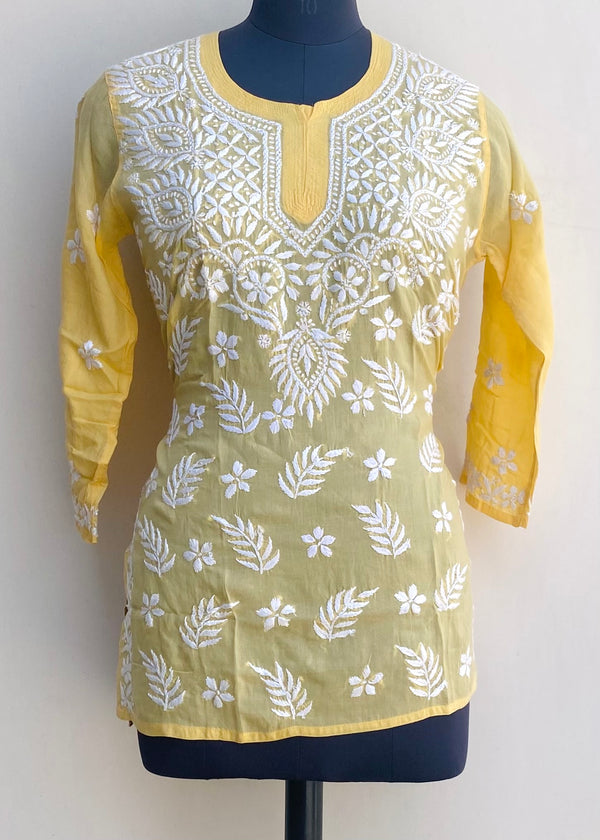 Lucknowi Chikankari Short Kurti Yellow Modal Cotton