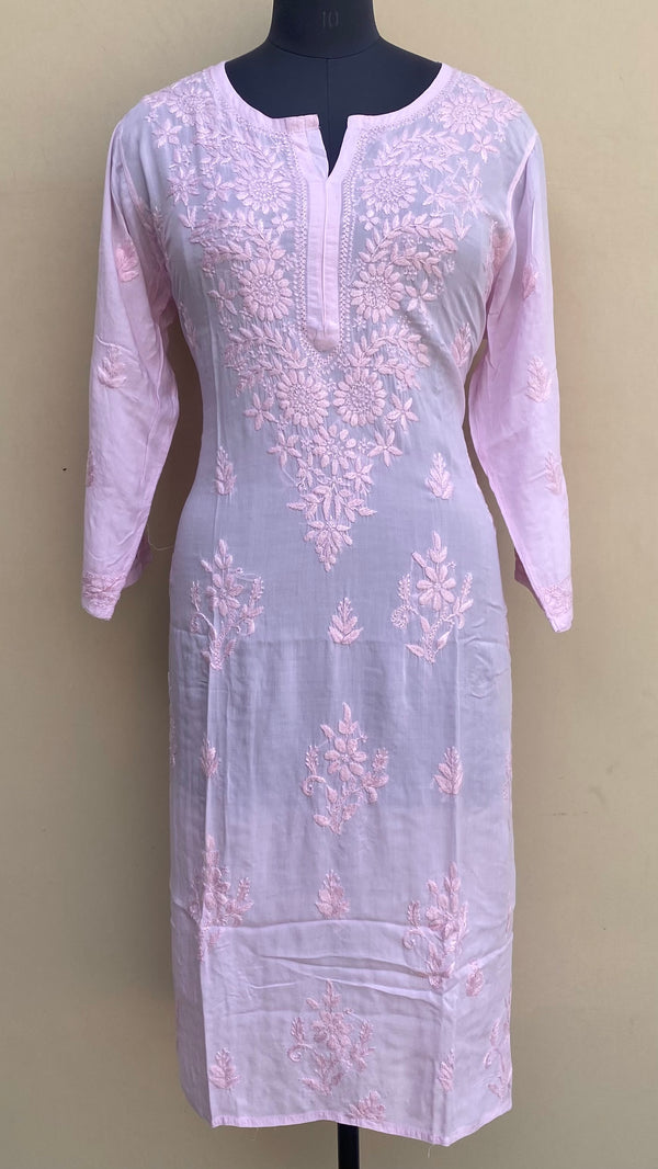 Lucknowi Chikankari Kurti Pink Muslin Cotton With Resham & Self 3D Work