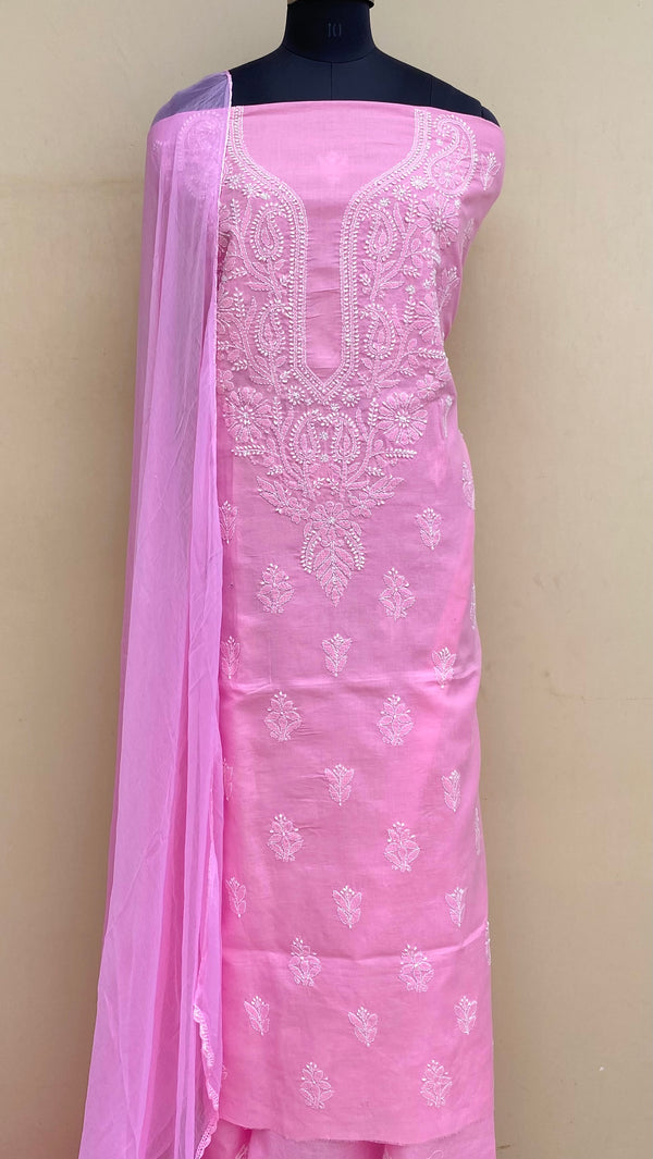Lucknowi Chikankari Suit Length 3 Piece Pink Cotton