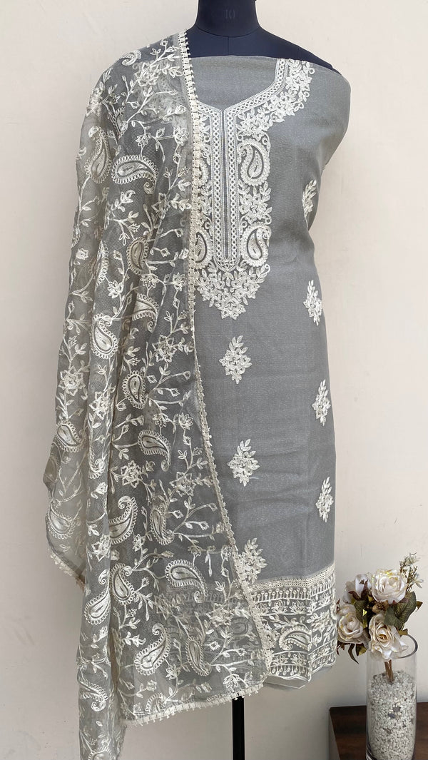 Designer Embroidered Suit Length 3 Piece Gray Kota