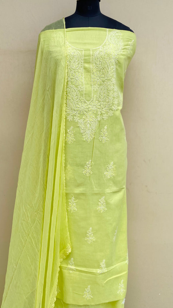 Lucknowi Chikankari Suit Length 3 Piece Parrot Green Cotton