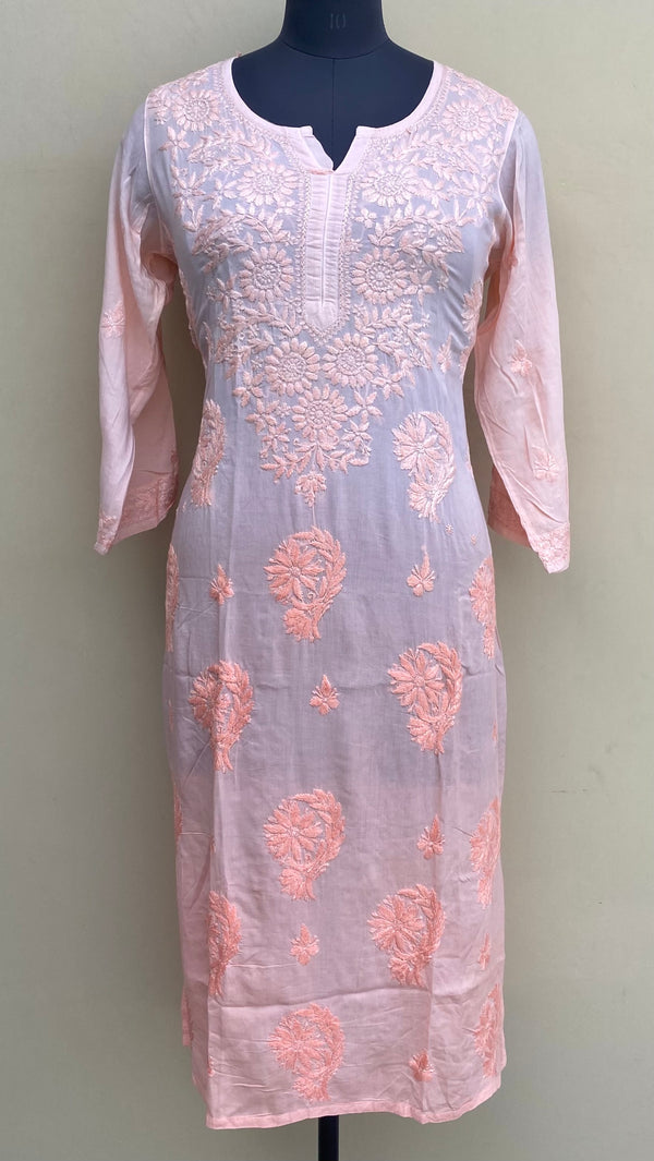 Lucknowi Chikankari Ombre Kurti Peach Muslin Cotton With Resham & Self 3D Work