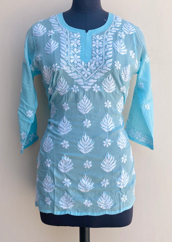 Lucknowi Chikankari Short Kurti Blue Modal Cotton