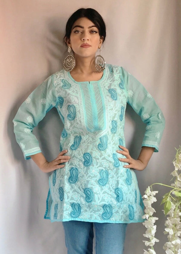 Lucknowi Chikankari Short Kurti Green Cotton