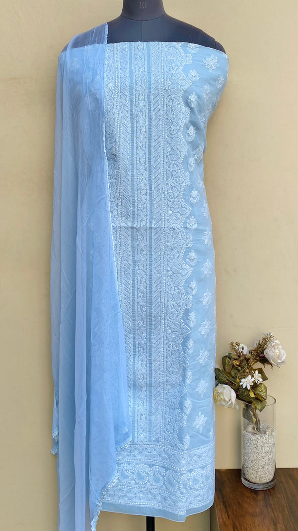 Lucknowi Chikankari Suit Length 3 Piece Powder Blue Cotton With Jaali Work