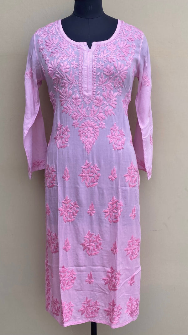 Lucknowi Chikankari Ombre Kurti Pink Muslin Cotton With Resham & Self 3D Work