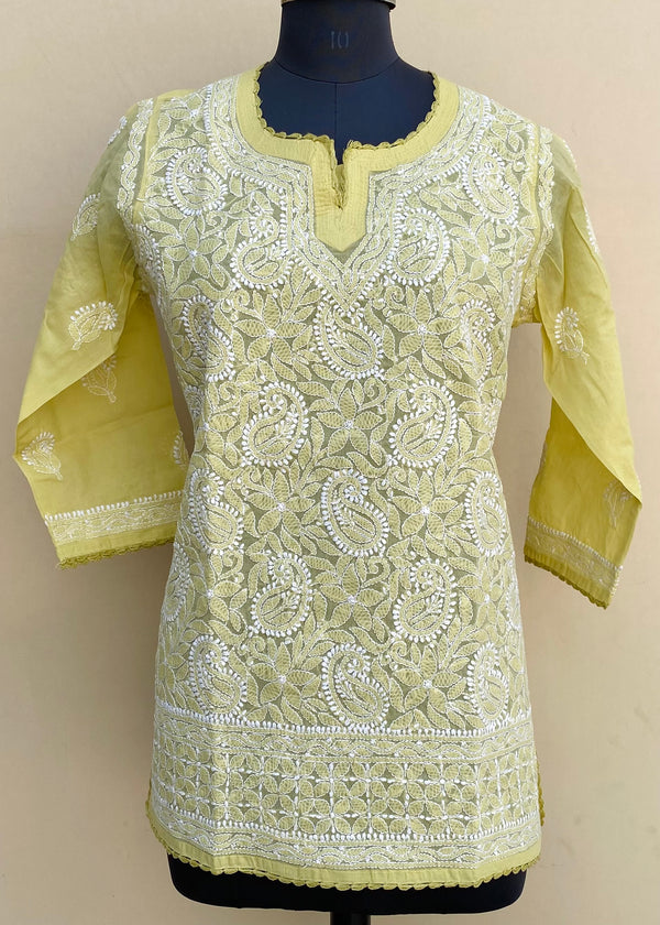 Lucknowi Chikankari Short Kurti Mahendi Green Cotton