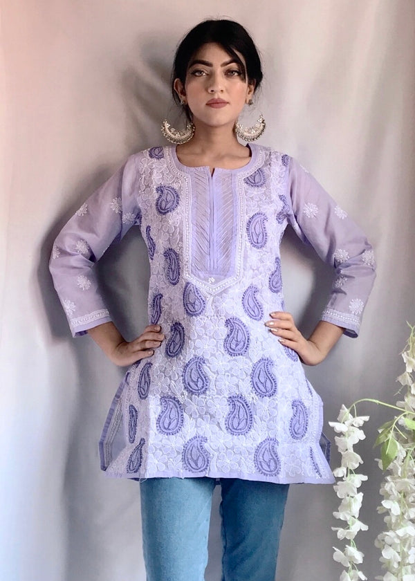 Lucknowi Chikankari Short Kurti Purple Cotton