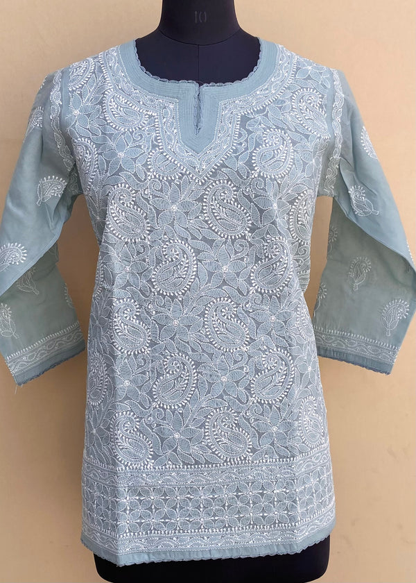 Lucknowi Chikankari Short Kurti Gray Cotton