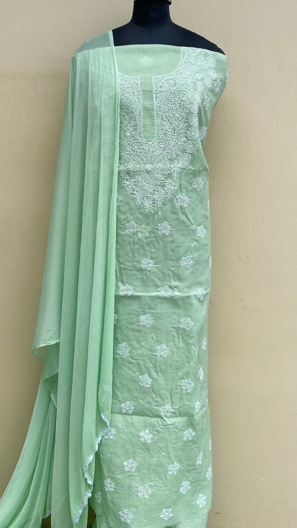 Lucknowi Chikankari Suit Length 3 Piece Teal Green Cotton